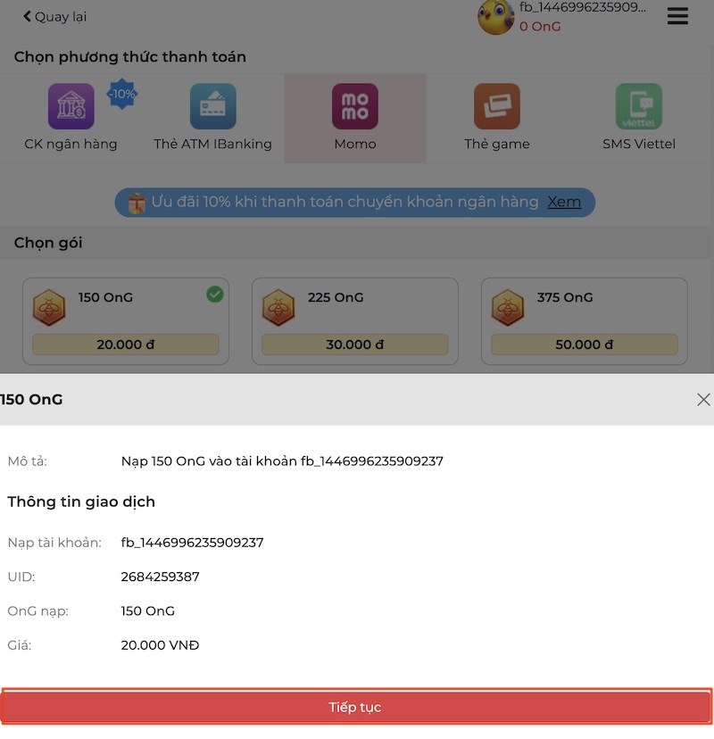 Nhấn n&uacute;t Tiếp tục 
