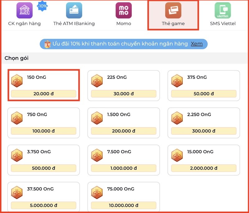 Chọn phương thức thanh to&aacute;n bằng thẻ game 