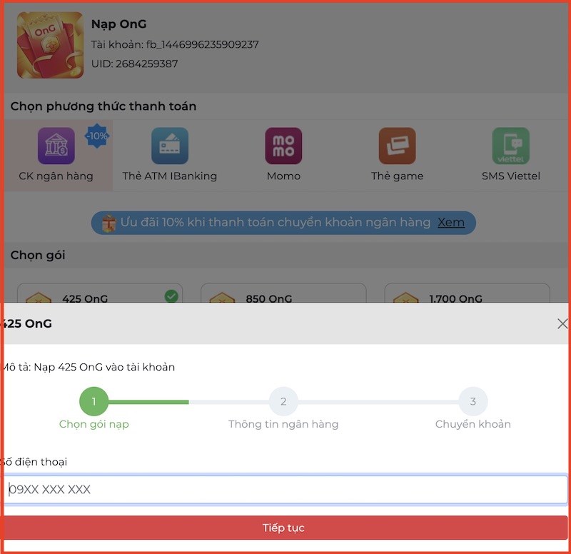 Nhập số điện thoại, sau đ&oacute; nhấn Tiếp tục