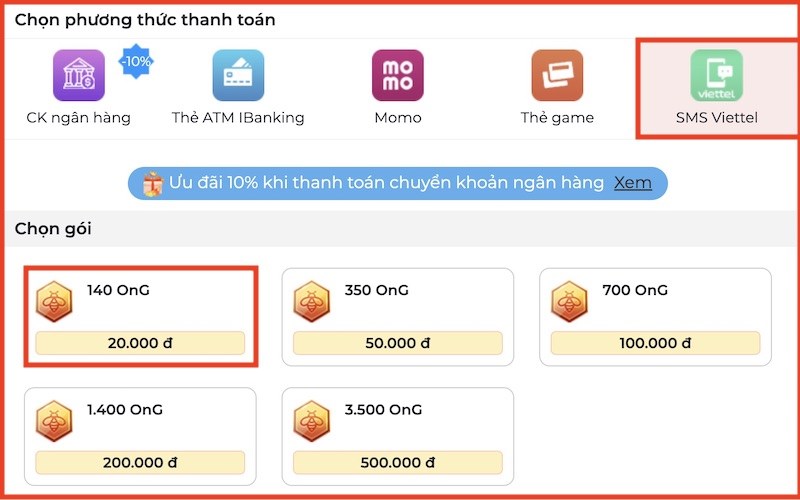 Chọn phương thức thanh to&aacute;n l&agrave; SMS Viettel 