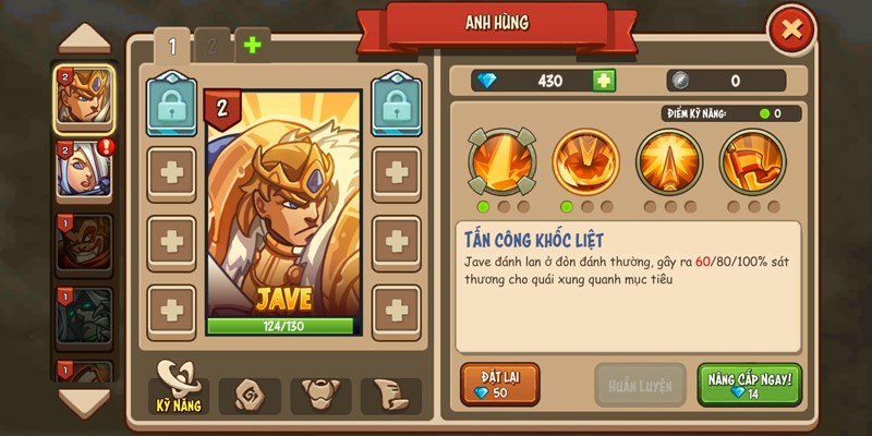 Mỗi anh h&ugrave;ng đều c&oacute; kĩ năng với sức mạnh kh&aacute;c nhau