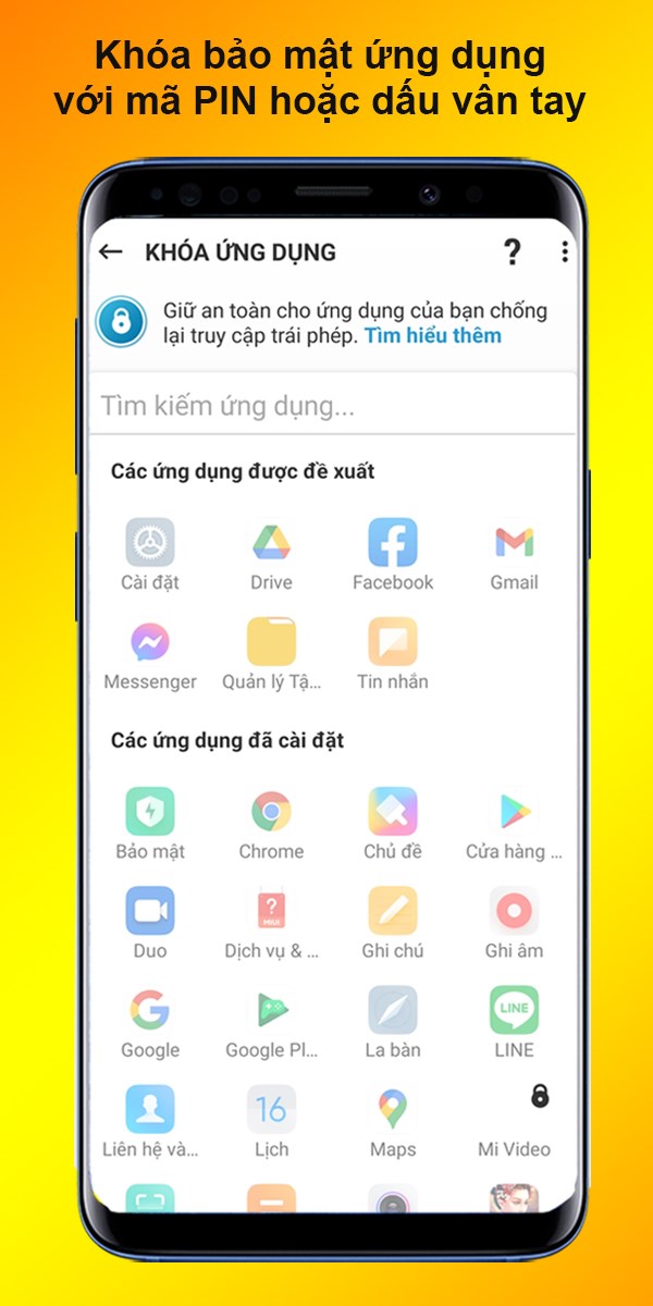 Khóa bảo mật ứng dụng với mã PIN hoặc dấu vân tay