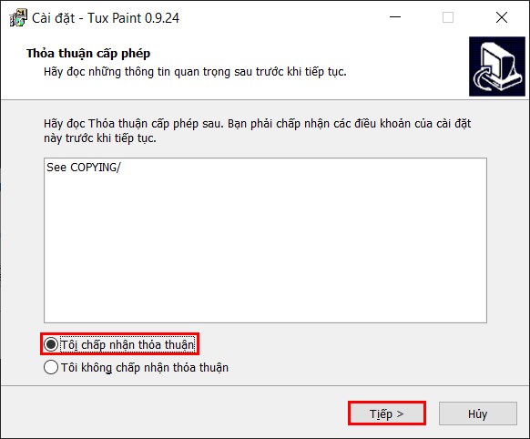 Chọn vào "tôi chấp nhận thỏa thuận" và nhấn Tiếp