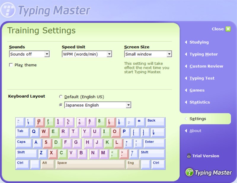 Mục Settings Typing Master