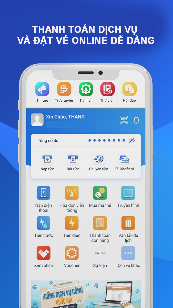 Thanh toán hóa đơn điện nước, internet, học phí, đặt vé xe,… tiện lợi