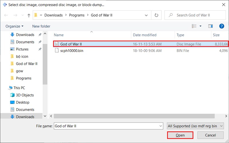 Chọn file God of War II v&agrave; nhấn Open để bắt đầu v&agrave;o game