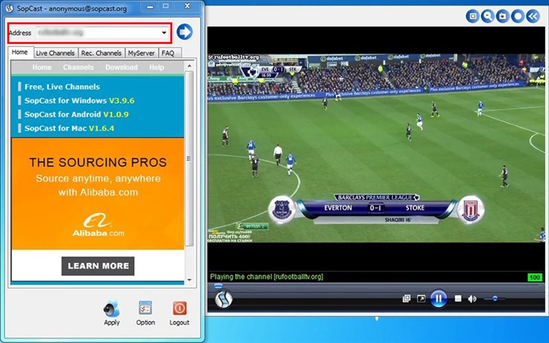 Dán link SopCast vào ô địa chỉ để xem bóng đá