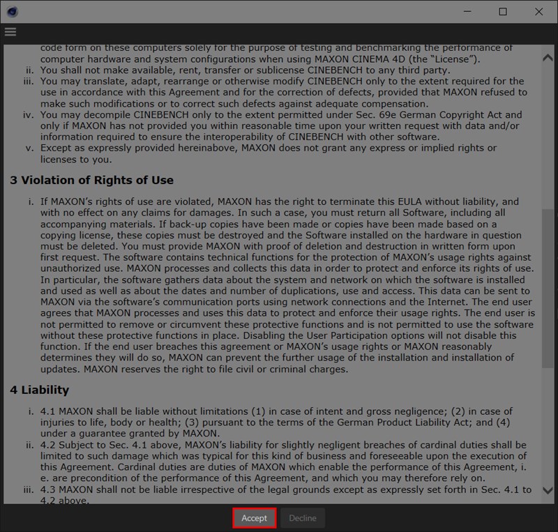 Nhấn Accept để đồng ý các điều khoản của Cinebench