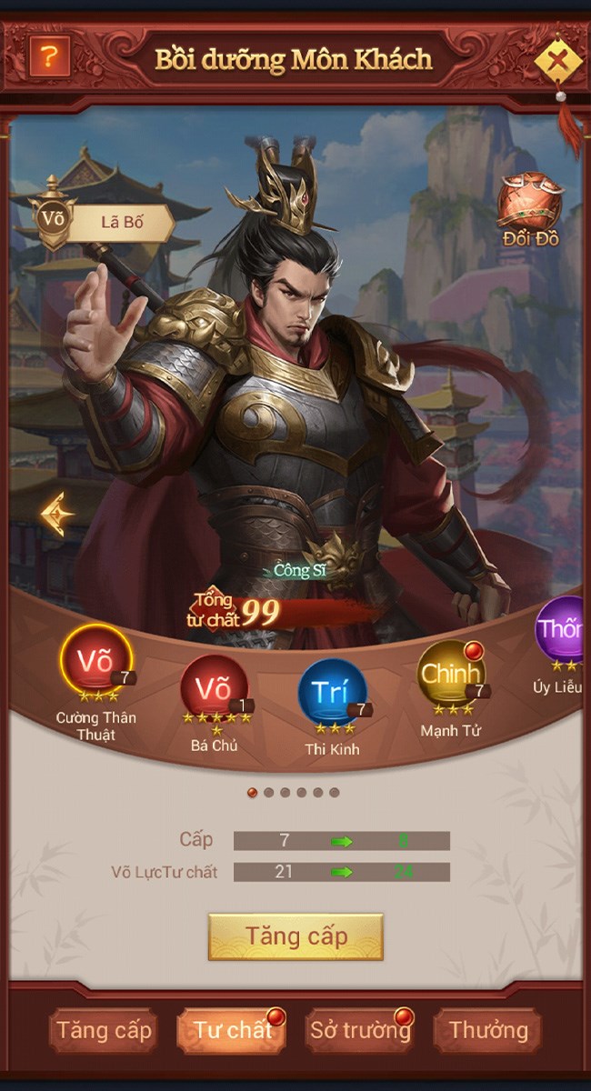 Bạn có thể thăng cấp cũng như gia tăng phẩm chất cho các môn khách của mình Bạn có thể thăng cấp cũng như gia tăng phẩm chất cho các môn khách của mình