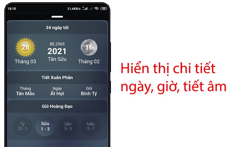 Hiển thị giờ ho&agrave;ng đạo, ng&agrave;y trăng mọc, tiết theo ng&agrave;y