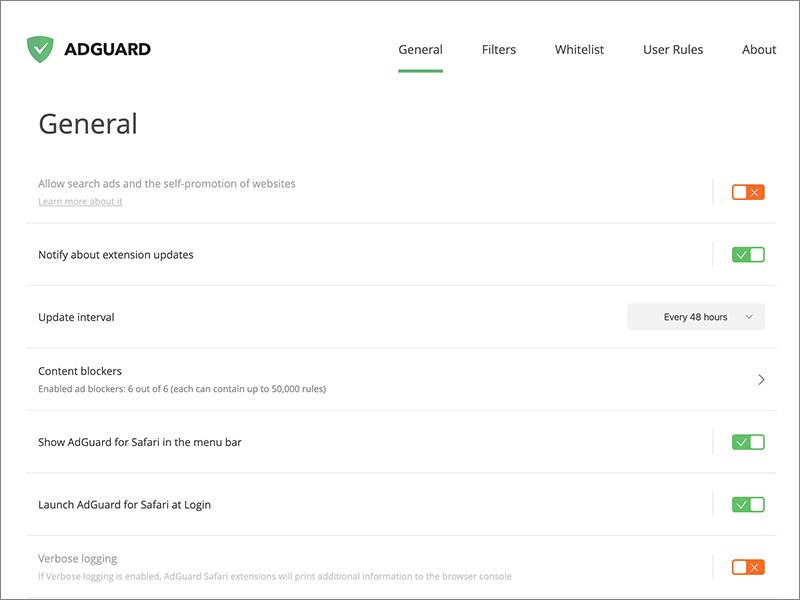 Giao diện ch&iacute;nh của Adguard for Safari