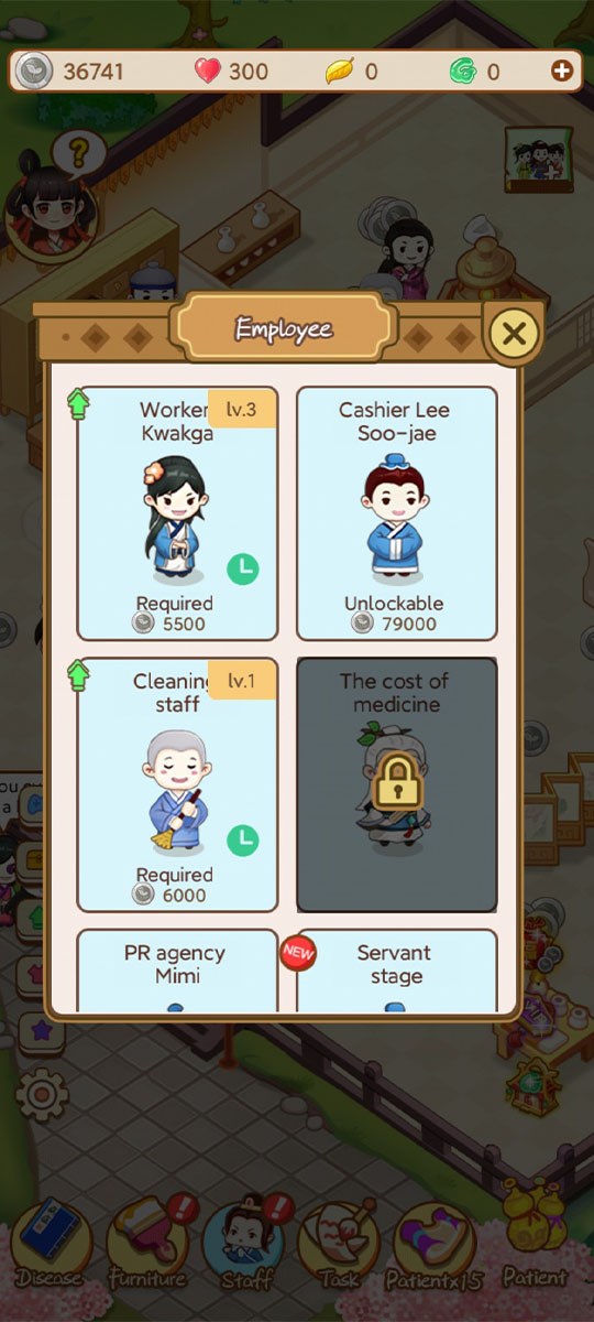 Người chơi có thể chiêu mộ nhân viên về y quán của mình làm việc