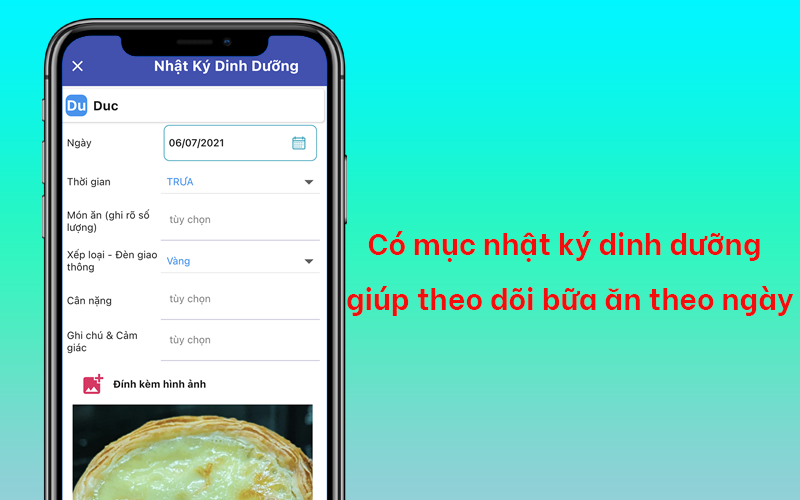 Có mục nhật ký dinh dưỡng giúp theo dõi bữa ăn theo ngày