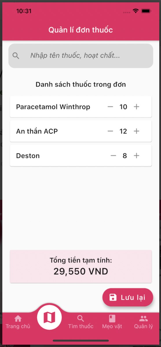 T&iacute;nh năng lưu trữ v&agrave; t&iacute;nh tiền đơn thuốc