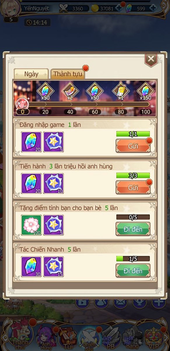 Nhiệm vụ Danh sách nhiệm vụ hằng ngày trong game Idle Goddess