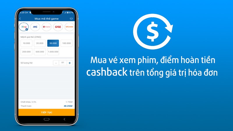 Mua vé xem phim, điểm hoàn tiền cashback trên tổng giá trị hóa đơn.