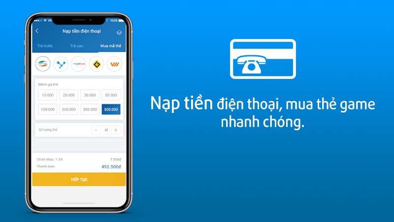Nạp tiền điện thoại, mua thẻ game nhanh chóng, chiết khấu cao.
