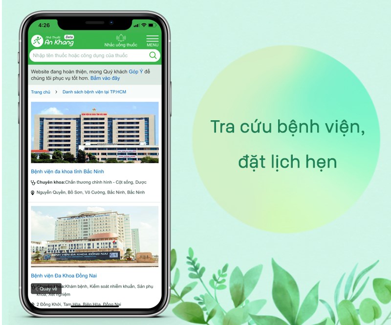 Danh sách bệnh viên, đặt lịch hẹn