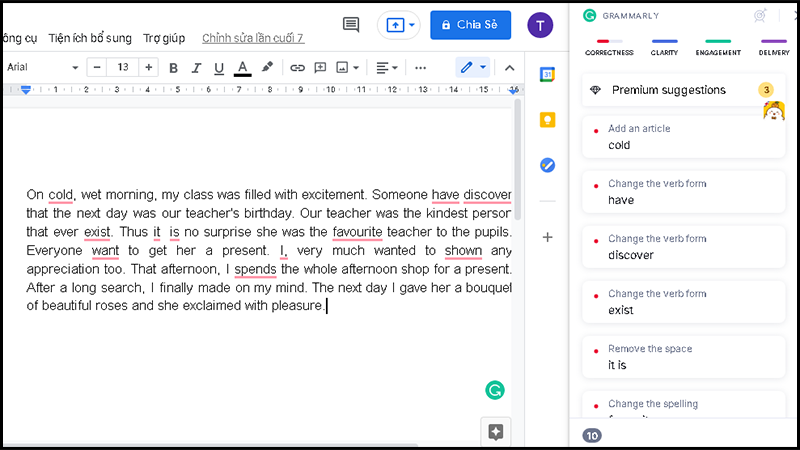 Khi gõ một đoạn văn bằng Tiếng Anh trên Google Docs, Grammarly hiển thị nhanh chóng các lỗi sai