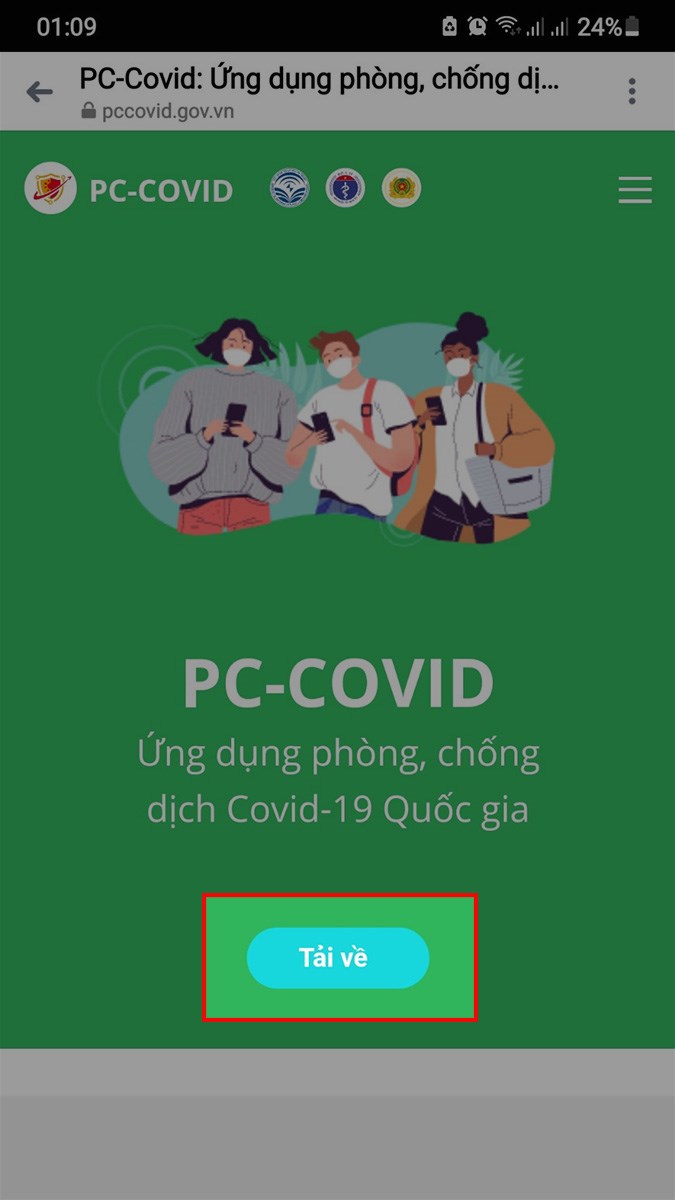 Truy cập link tải app PC Covid > Chọn Tải về