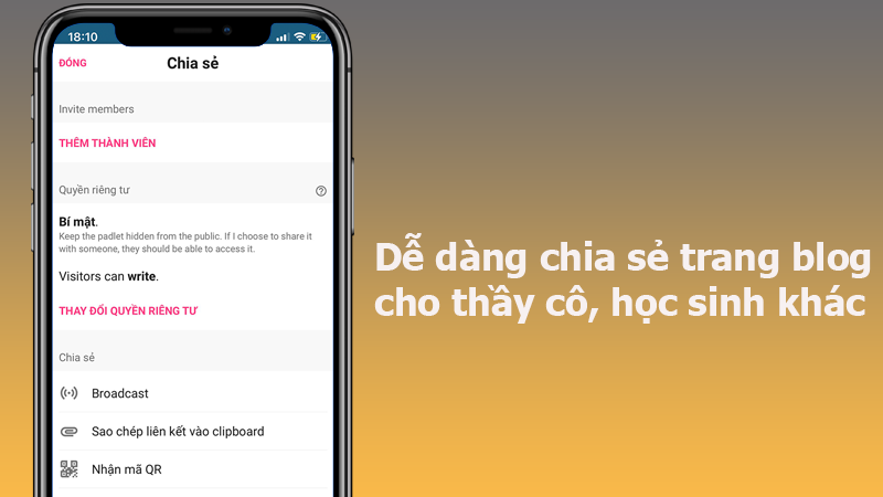 Dễ dàng chia sẻ trang blog cho thầy cô, học sinh khác