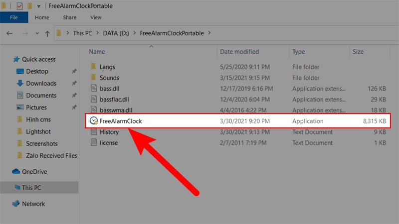 Mở file đã được giải nén > Click chọn FreeAlarmClock để sử dụng