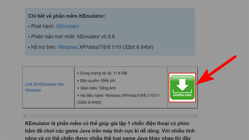 Truy cập link tải KEmulator > Nhấn v&agrave;o Download như h&igrave;nh