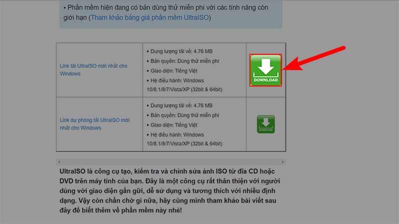 Tải phần mềm UltralSO tại mục bên trên như hình > Nhấn vào nút Tải về