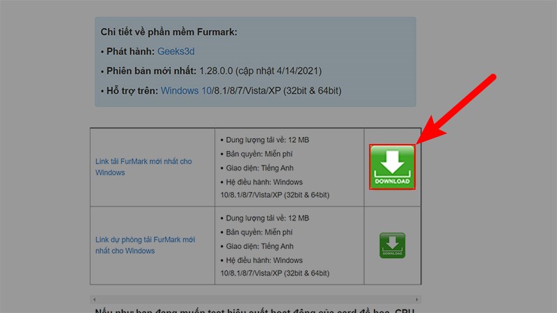 Truy cập v&agrave;o link tải FurMark > Nhấn Tải về phần mềm FurMark như h&igrave;nh