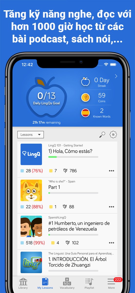 Tăng kỹ năng nghe v&agrave; đọc với hơn 1000 giờ học từ c&aacute;c b&agrave;i podcast, s&aacute;ch n&oacute;i,...