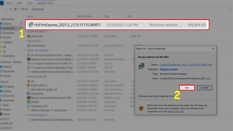 Nhấn đ&uacute;p v&agrave;o bộ c&agrave;i đặt Hitfilm Express > Nhấn Run để bắt đầu c&agrave;i đặt