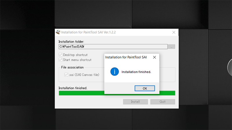 Nhấn OK ở th&ocirc;ng b&aacute;o hiện l&ecirc;n để ho&agrave;n th&agrave;nh c&agrave;i đặt phần mềm Paint Tool Sai l&ecirc;n m&aacute;y