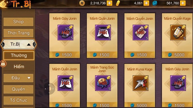 Trang bị gi&uacute;p tăng sức mạnh của c&aacute;c nhẫn giả