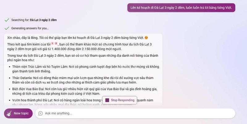 Bing AI giúp lên kế hoạch chi tiết từ giá cả đến cả gợi ý địa điểm tham quan.