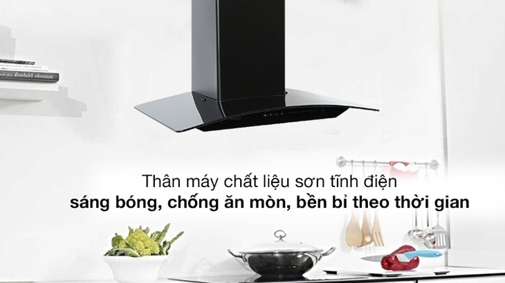 Máy hút mùi kính cong Makano MKH-000009 với thiết kế chữ T giúp gom khói nhanh cùng vỏ máy làm từ thép không gỉ, có độ sáng bóng cao, chịu nhiệt tốt