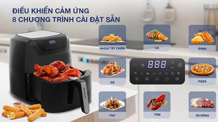 Nồi chiên không dầu Kangaroo KG8AF1A 8 lít có bảng điều khiển cảm ứng, có màn hình hiển thị, hình ảnh biểu tượng rõ ràng