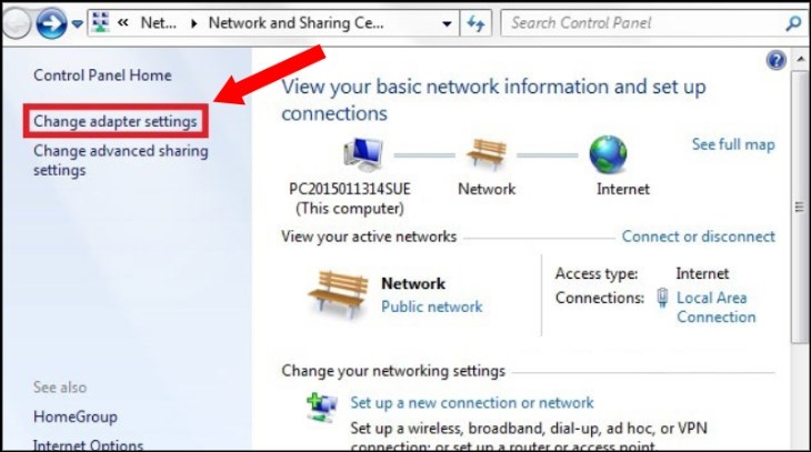 Bạn chọn Change Adapter Settings
