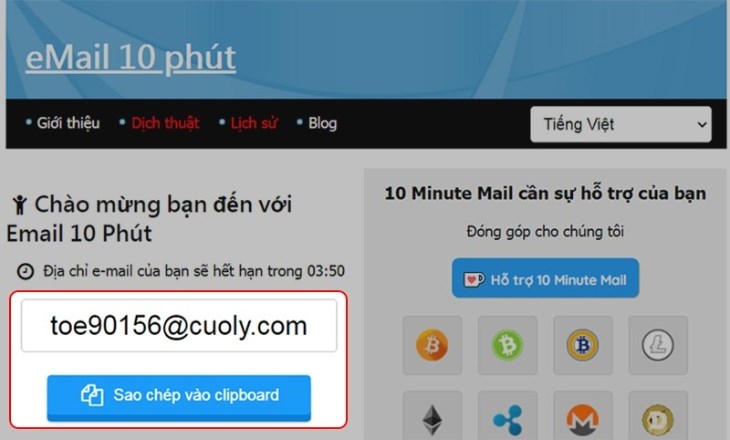 Bạn sao chép E-Mail trong thời điểm tạm thời của tớ như bên trên hình