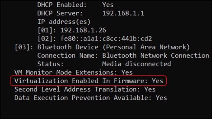 Bạn kiểm tra tại dòng Virtualization Enabled In Firmware