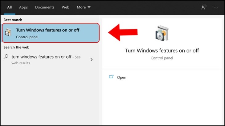 Bạn chọn phần mềm Turn Windows features on or off