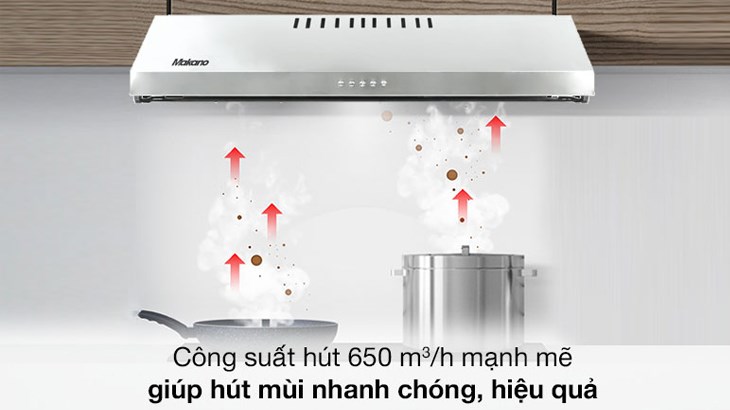 Máy hút mùi áp tường Makano MKH-000007 có công suất hút 650 m³/h mạnh mẽ giúp hút mùi nhanh chóng hiệu quả