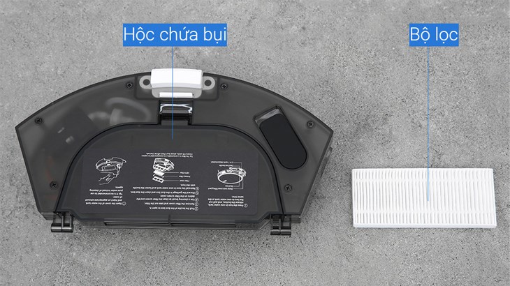 Robot sở hữu dung tích hộp chứa bụi và hộp chứa nước lớn, giúp làm việc liên tục trong thời gian dài mà không đổ bụi, đổ nước nhiều lần