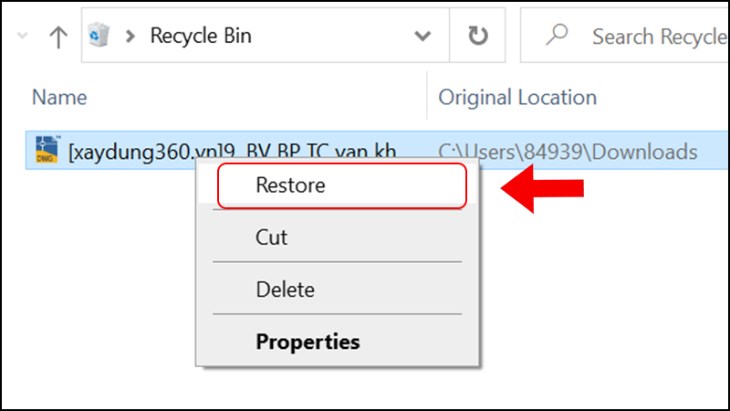 Chọn tìm cần phục hồi và chọn Restore