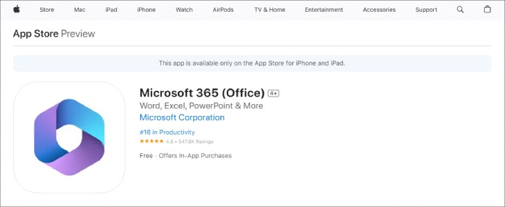 Giao diện Microsoft Office cho iPad trên Apple Store