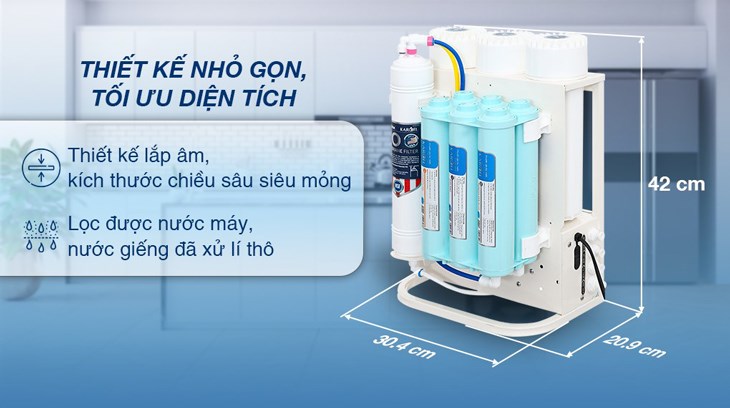 Máy lọc nước RO âm tủ Karofi KAQ-U06 10 lõi có kiểu dáng lắp đặt âm gọn gàng, giúp tối ưu diện tích cho không gian bếp
