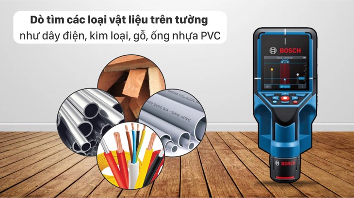 Máy dò đa năng Bosch D-tect 200 C 12V có thể dò tìm các vật liệu trên tường như dây điện, kim loại, gỗ, ống nhựa PVC