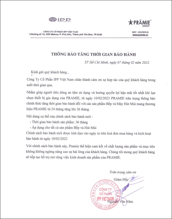 Thông báo tăng thời gian bảo hành của hãng
