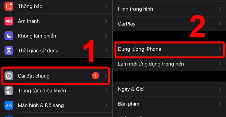 Bạn vào mục Dung lượng iPhone trong Cài đặt chung