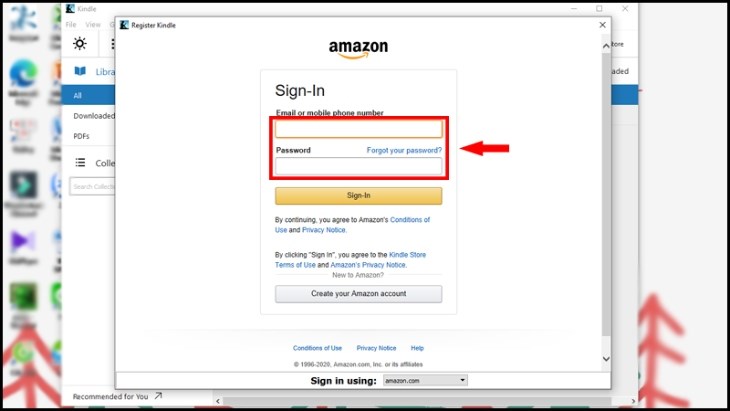 Bạn cần điền thông tin đăng nhập để truy cập vào Kindle