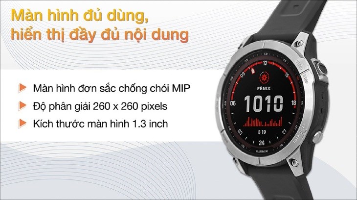 Fenix 7 sở hữu màn hình chống chói MIP giúp hiển thị tốt ngoài trời